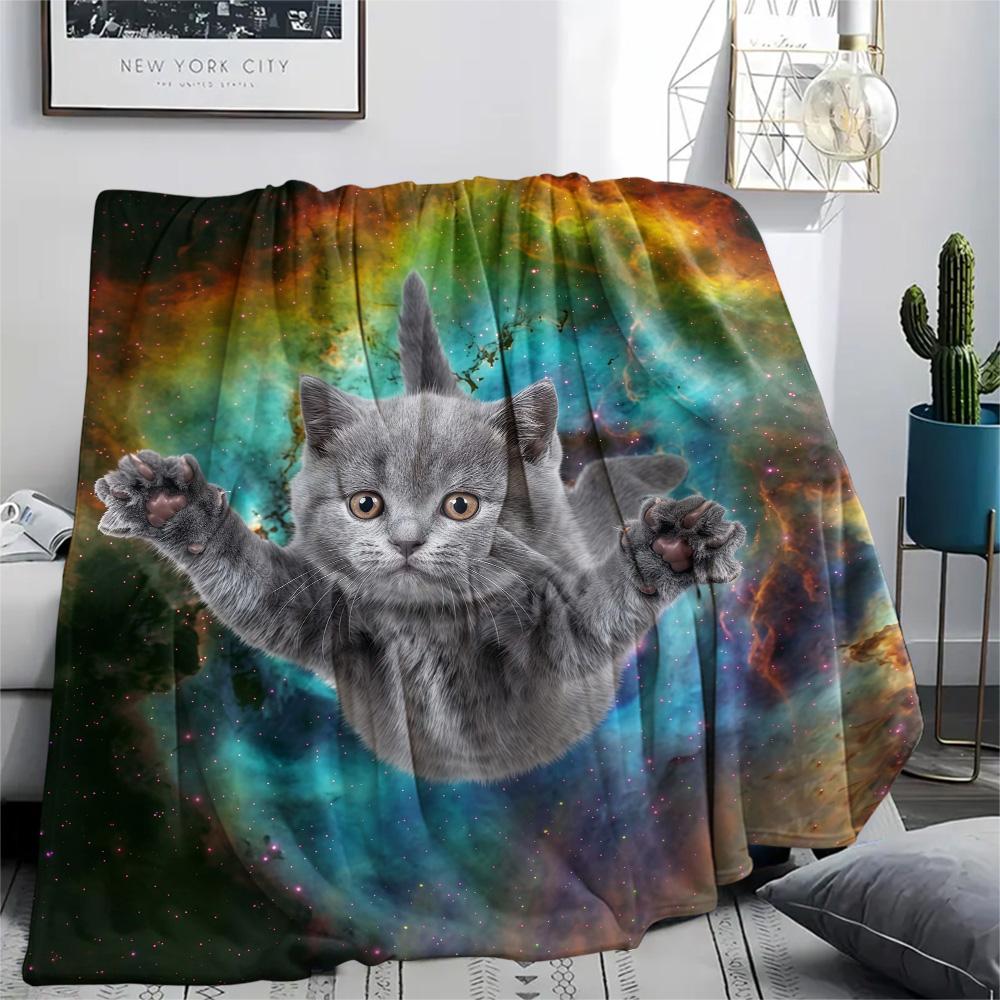 1Pc Galaxy Cat Dog Print Flannel Blanket High Quality Warm Comfortable Cover for All Seasons Perfect for Gifts Home Decor