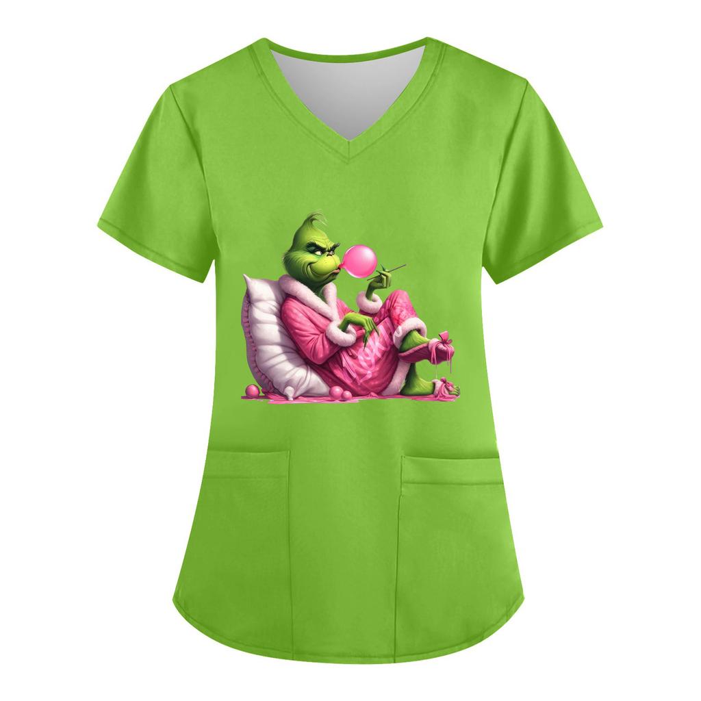 Women's V-neck Christmas Print Short-sleeved Pocket Side Slit Uniform Top