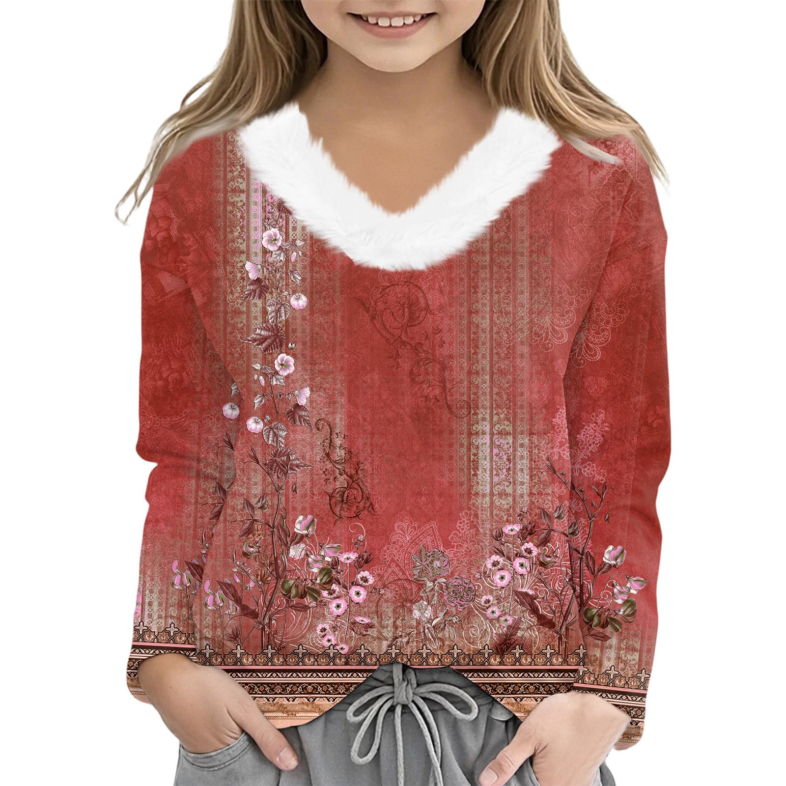 

Рождественские футболки с длинным рукавом для девочек, детская футболка с V-образным вырезом, рождественский принт, топ с длинным рукавом 120 красный