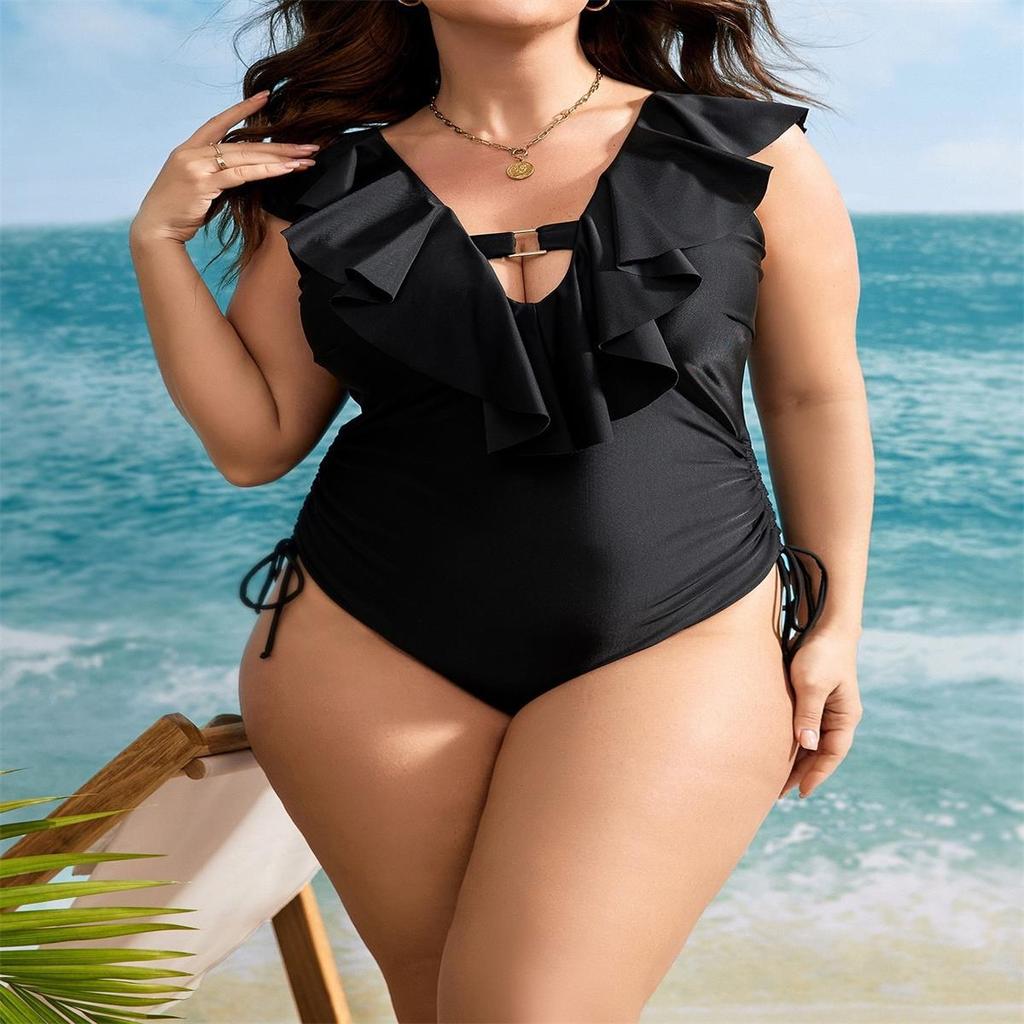 2026 Plus Size Ruffle One-Piece Swimsuit - European & American Style Solid Color Swimwear for Curvy Women