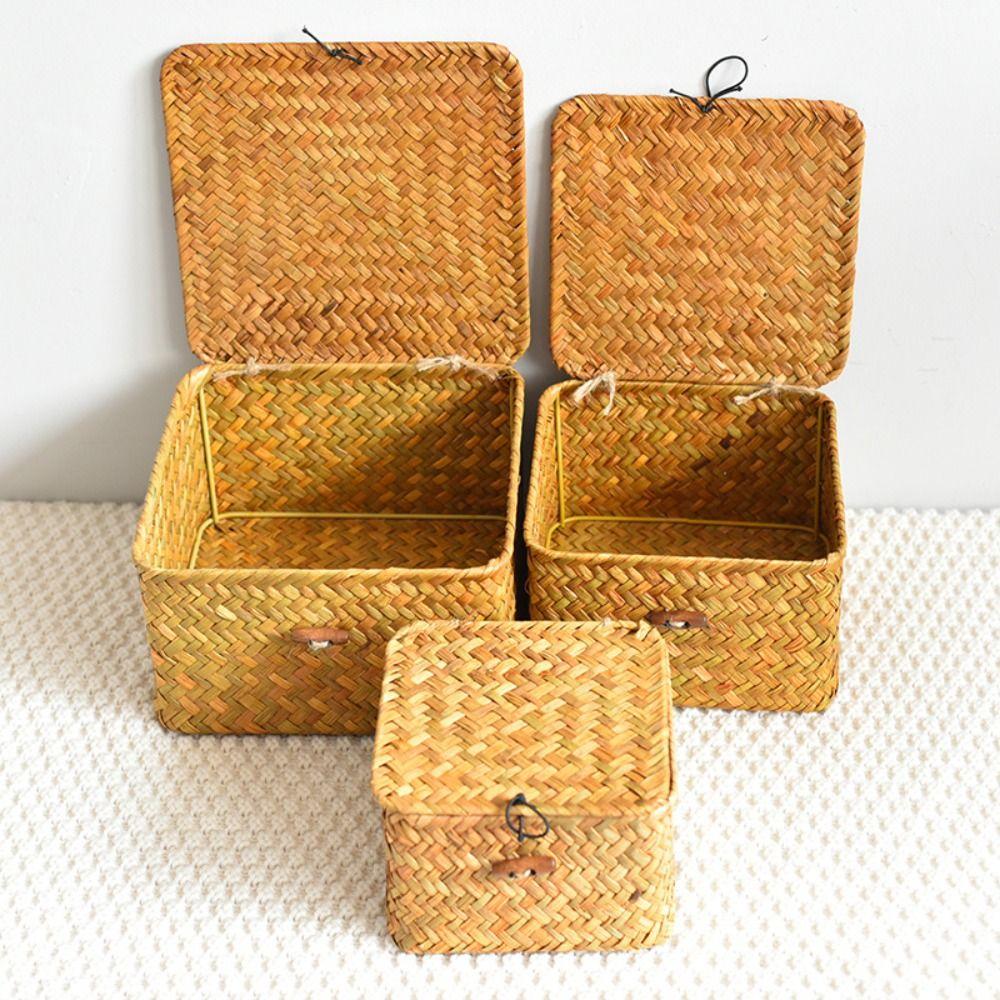 Seagrass Basket with Lid Wicker Storage Basket Handwoven Decor Organizer Flat Storage Bins Woven Boxes for Desk Shelf Small Items Home