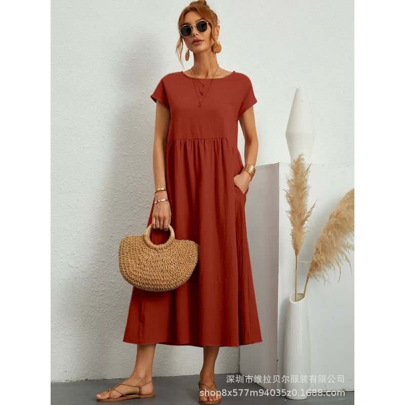 Short-Sleeve Pocket Women's Dress Short Sleeve Loose Pockets round Neck Pleating Dress