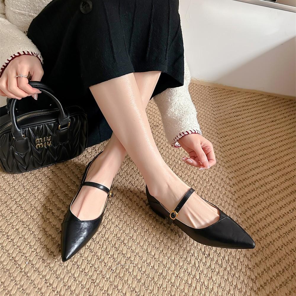 Washed cowhide~ Retro genuine leather soft sole is not tired feet women's shoes spring pointed shoes one-word buckle Mary Jane single shoes laden sho