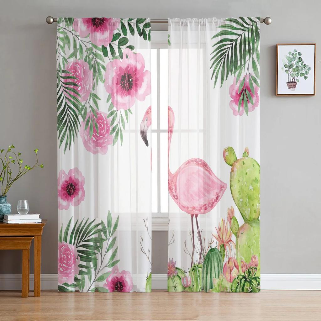 Flamingo Tropical Plant Flower Tulle Curtains Living Room Bedroom Kitchen Window Treatment Chiffon Curtain Blinds Light Filtering Polyester Great