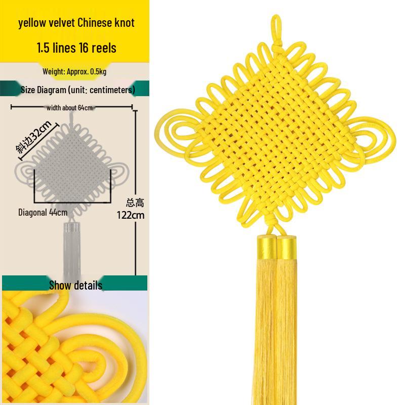 Handmade Yellow Tassel Chinese Knot Pendant for New Year: Fu Character Hanging Ornament for Entrance or Living Room, Available in Large and Small.