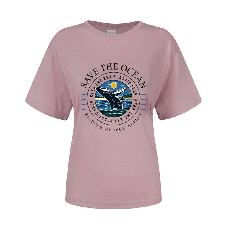 Spring Summer Whale Swimming Letter Pattern Printed Loose Fitting Cotton Short Sleeved Round Neck T-Shirts Women’s