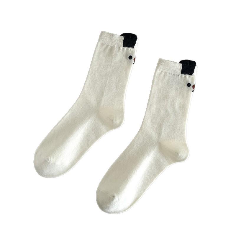 Women's Japanese Style Striped Cartoon Puppy Mid-Calf Cotton Socks - Cute, Breathable, and Versatile Embroidery Design.