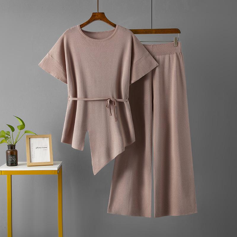 

Модный костюм с нерегулярным круглым вырезом на талии, вязаный топ, комплект из двух предметов, брюки с высокой талией, тонкие, с широкими штанинами average size верблюд