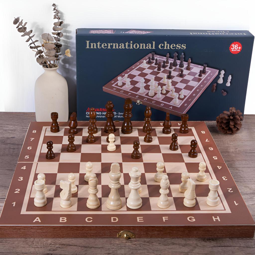Reversible Wooden Board for Chess,24 Interlocking Wooden Checkers and 32 Standard Chess Pieces for Age 8 To Adult for Family Fun