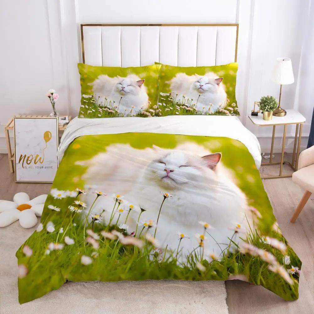 Cat Duvet Cover Set Cat Lover Gifts Bedding Set Microfiber Cute Kitten Pattern Animal Theme Double Queen King Size Quilt Cover