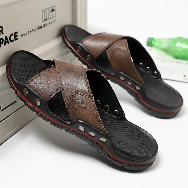 Fashion New Arrival Men's Leather Slides Soft Slip-On Slippers Comfortable Outdoor Half Drag Leisure Walk Beach Flats Wading Aqua Shoes