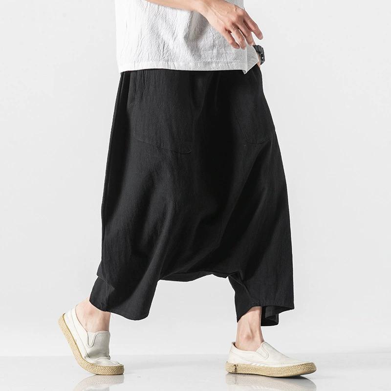 Męskie Spodnie Haremowe Casual Duże Rozmiary Vintage Luźne Bawełniane Lniane Szerokie Nogawki Męskie Spodnie z Elastycznym Pasem