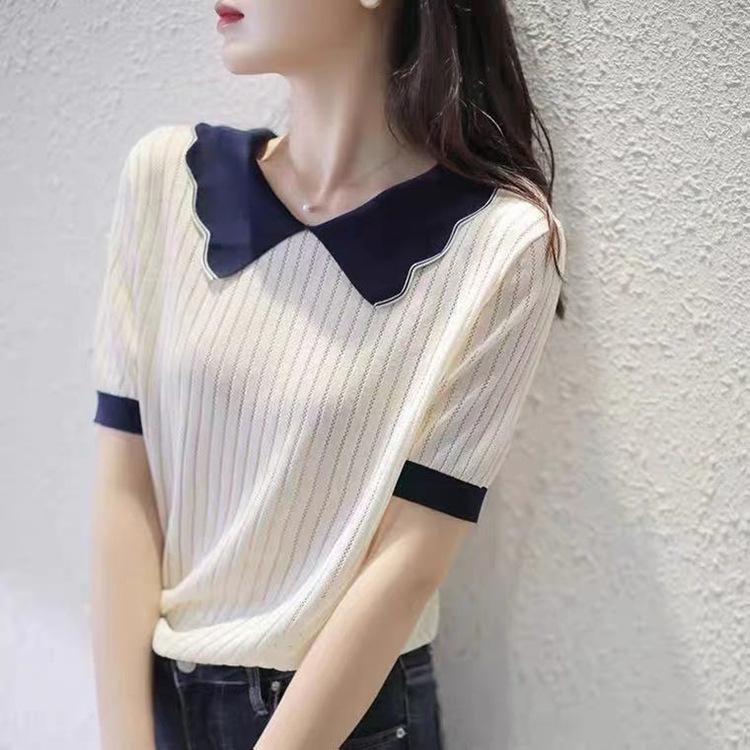 

Women s summer new doll collar ice silk knitted sweater top white short-sleeved T-shirt women One size fits all