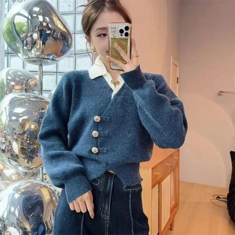 Fake Two Pieces Stitching Knit Sweater Cardigan Women Autumn Winter Temperament Casual Knitted Female Knitwear Sweater Tops