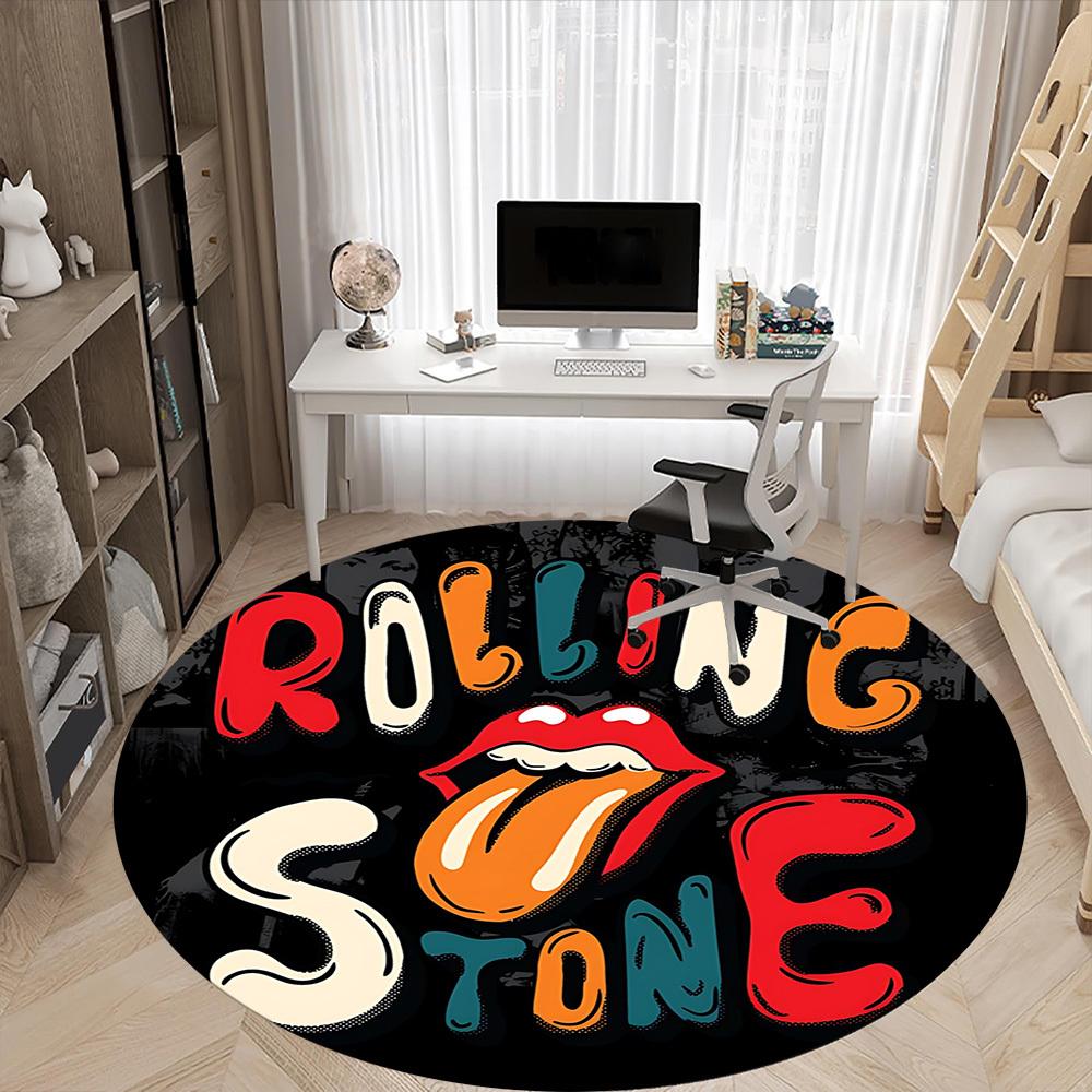 1PC Rolling Stone Logo Office Round Rug - Perfect for Office or Study Decor, Machine Washable, Non-Slip Backing, Decorative Floor Mat