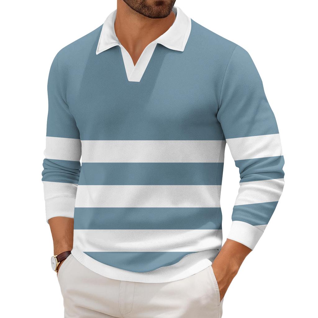 Men's Casual Fashion Printed Lapel Long-sleeved Knitted Bottoming Shirt Top