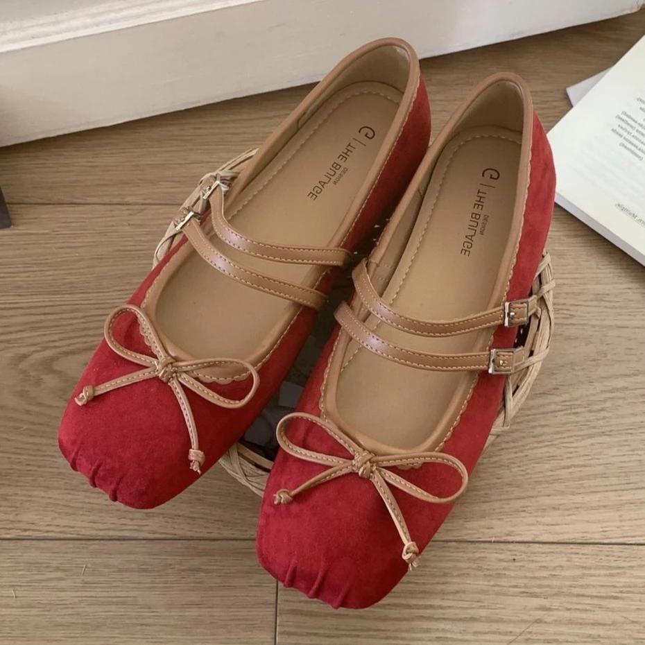 

Retro Suede Square Toe Ballet Flats Women Fashion French Style Bow Belt Buckle Mary Jane Shoes Comfort Soft Sole Ballerinas Shoe 35 красный