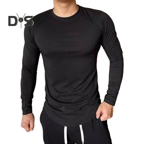 Men Sport Top Slim Fit High Elasticity Striped Texture Round Neck Quick-drying Long Sleeves Slim Fit Compression Figure Shaping Gym Running