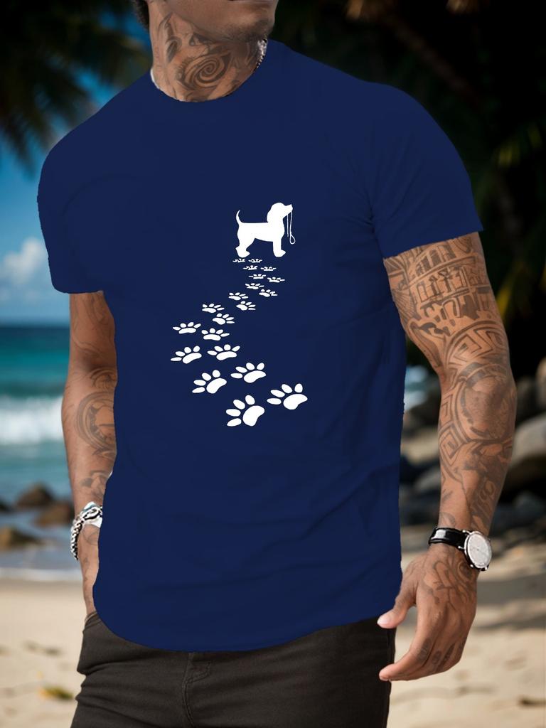 Cute Dog Silhouette And Following Paw Marks Front Graphic Print Unisexs Crew Neck Short Sleeve Tee Casual Daily Soft Basic Wear Top