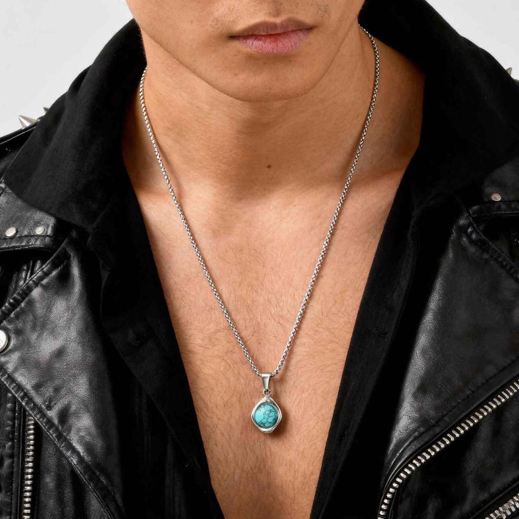 Casual Men's Pendant Necklace,Stainless Steel Turquoise Natural Stone Healing Necklace,Gift for Husband Dad Son BBF