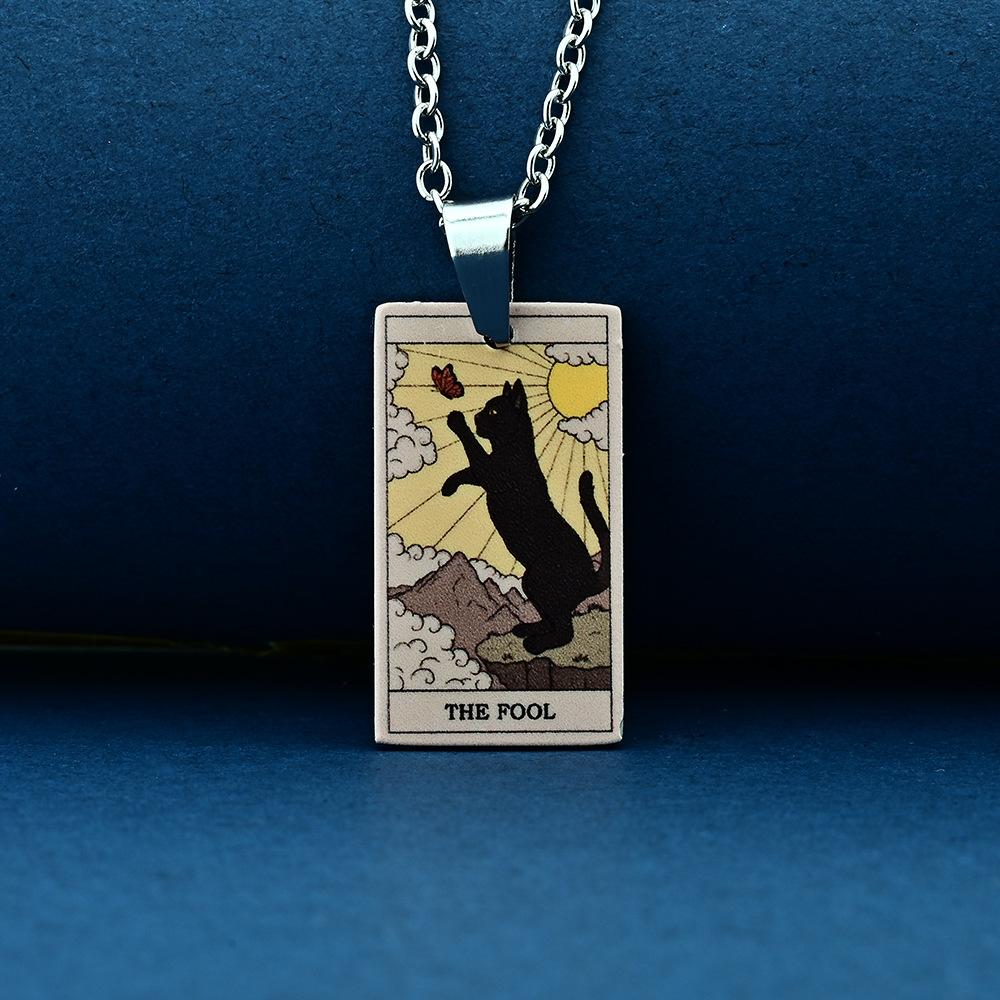 Stainless Steel Cat Tarot Card Necklace for Men Women Animal Divination Jewelry Accessory