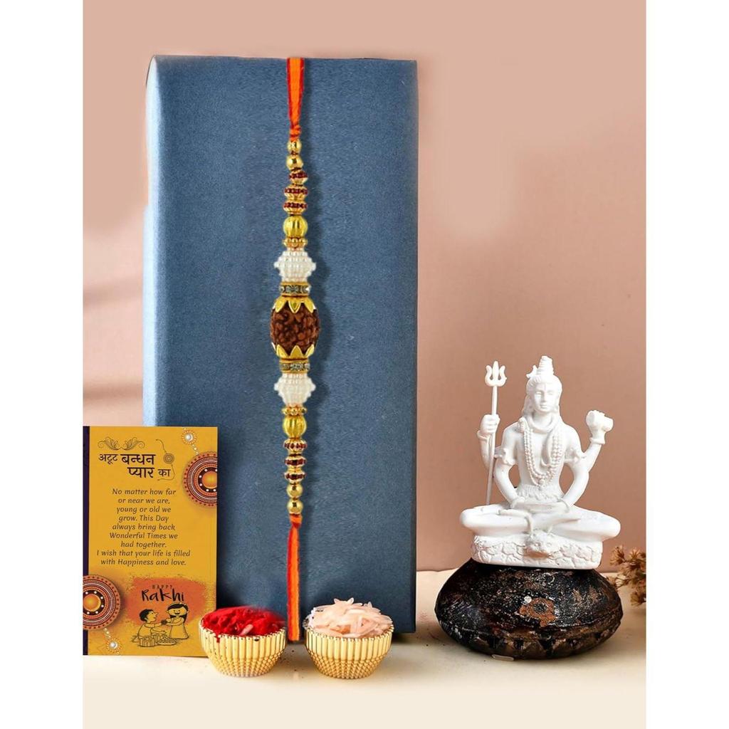 Rakhi-Geschenkset mit Shiva-Figur für den Bruder – 4er-Pack (1 Shiva-Statue, 1 Rakhi, Tilak-Set, Grußkarte)