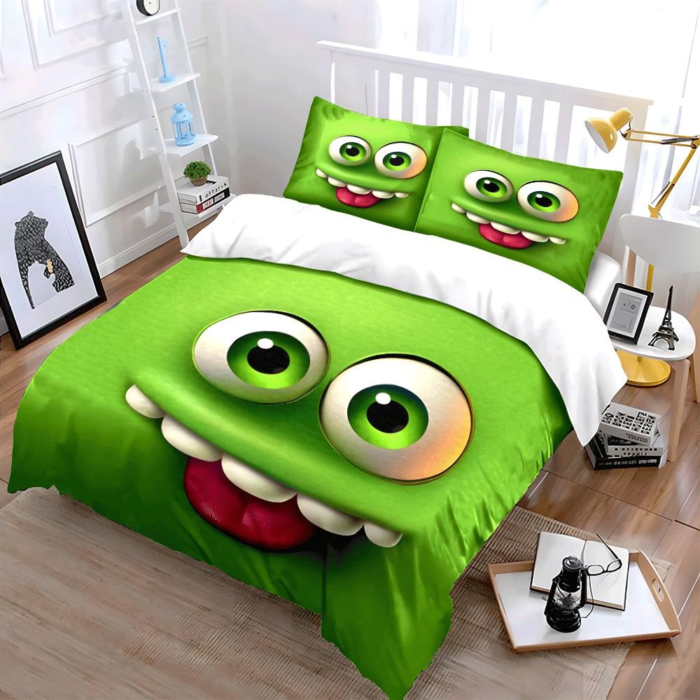 Playful Green Monster Trio Design Exquisite Three-Piece Bedding Set Gift For Kids And Adults