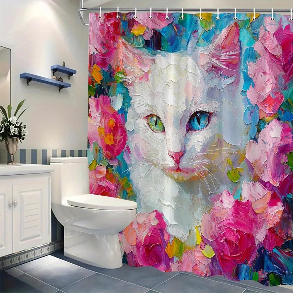 White Cat with Green Eyes & Floral Swirl Shower Curtain, Pink-Red-Purple,Machine Washable,Unique Cat Lover Gift, Bathroom Decor