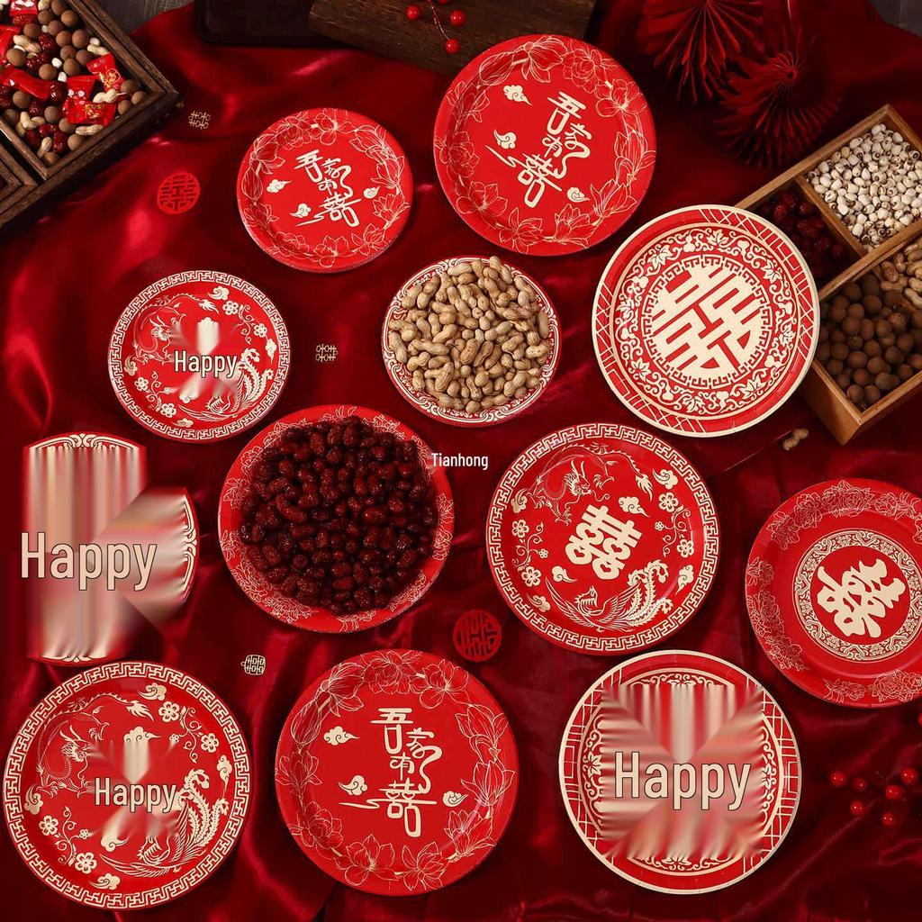 Red Paper Plates for Wedding or Engagement - Perfect for Fruits, Dried Goods, and Cake