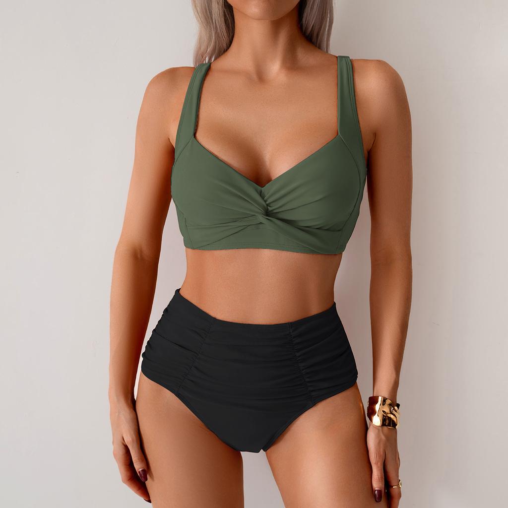 Sexy Sportswear for Women Vintage Fashion Sleeveless Swim Solid Folds 2025 New Spring Summer Two Piece Suits Bikinis Set