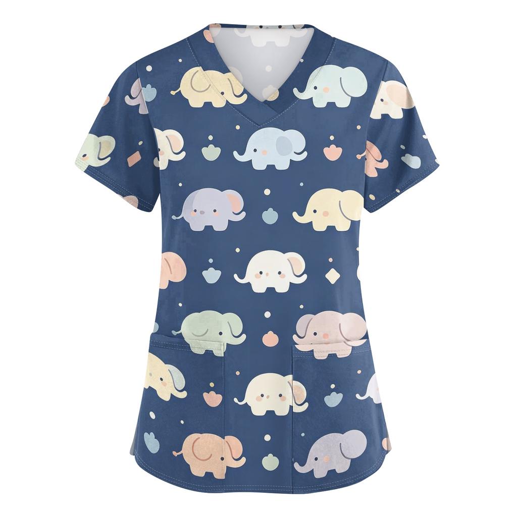 Damen V-Ausschnitt Kurzarm Arbeits-Top mit Taschen Tierprint Kasack für medizinisches Fachpersonal Bequeme Passform
