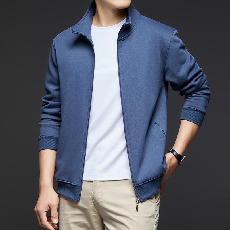 2025 Autumn Men's Stand-Up Collar Combed Cotton Jacket: Casual Sport Fashion Solid Color Cardigan Sweatshirt