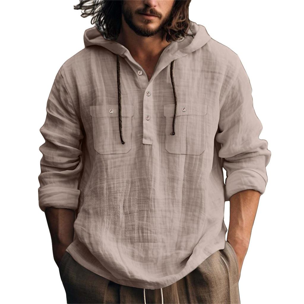 Men's Summer Solid Color Pockets Cotton Linen Long Sleeve Button Hooded