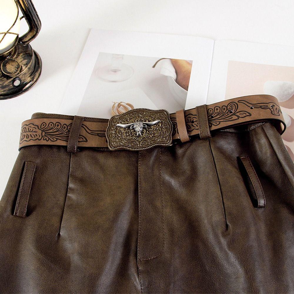 Cow Head Buckle Western Cowboy Belt Retro Waistband Fashion Embossed Belt  For Man Women
