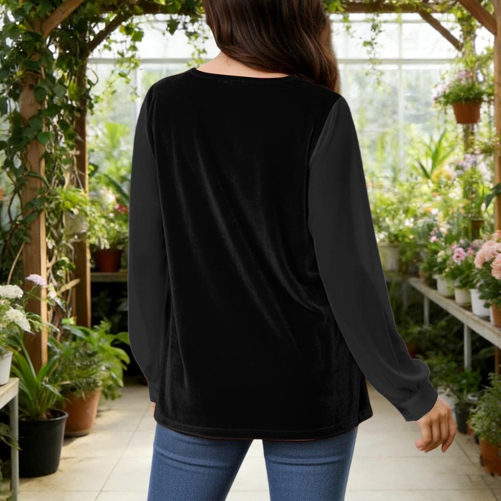 Women Long Sleeve Velvet Tops Crewneck Casual Loose Velour Blouses