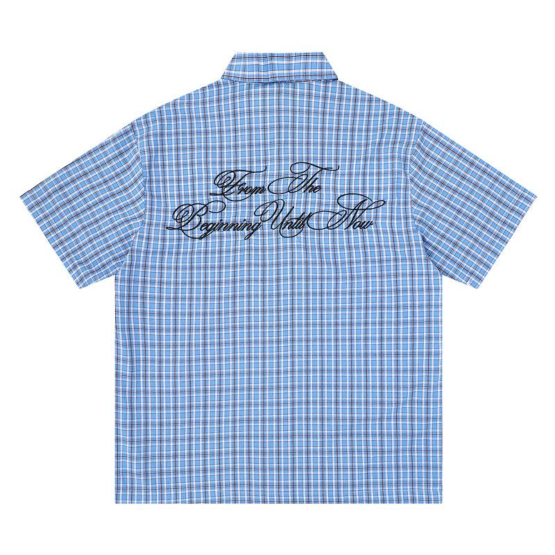 STREETRICH Summer Letter Eembroidery Short Sleeve Plaid Shirt for Men Patchwork Short Sleeve Baggy Checkered Top Tees Oversized