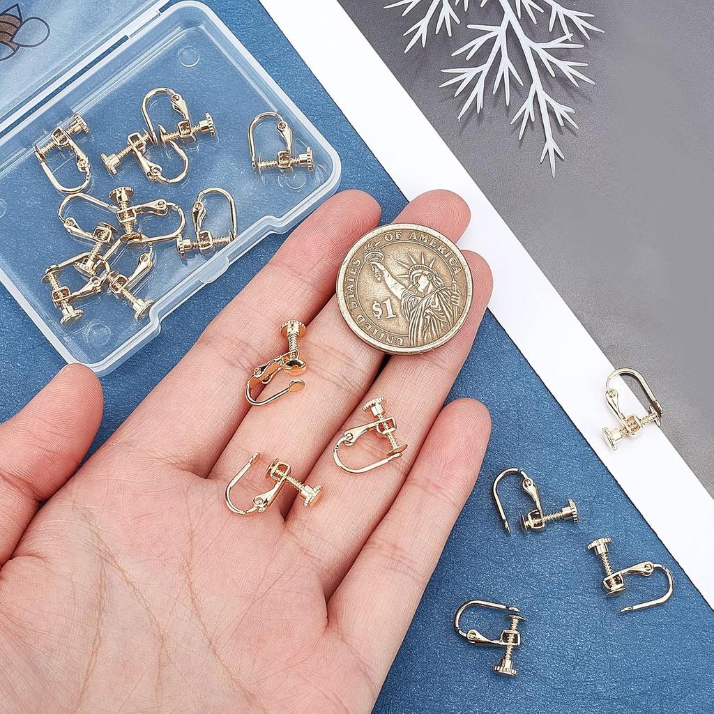 Beebeecraft 20Pcs/Box Clip-on Earring Findings 18K Gold Plated Brass Screw Back Ear Wire Non Pierced Earring Converter for Non-Pierced Earring