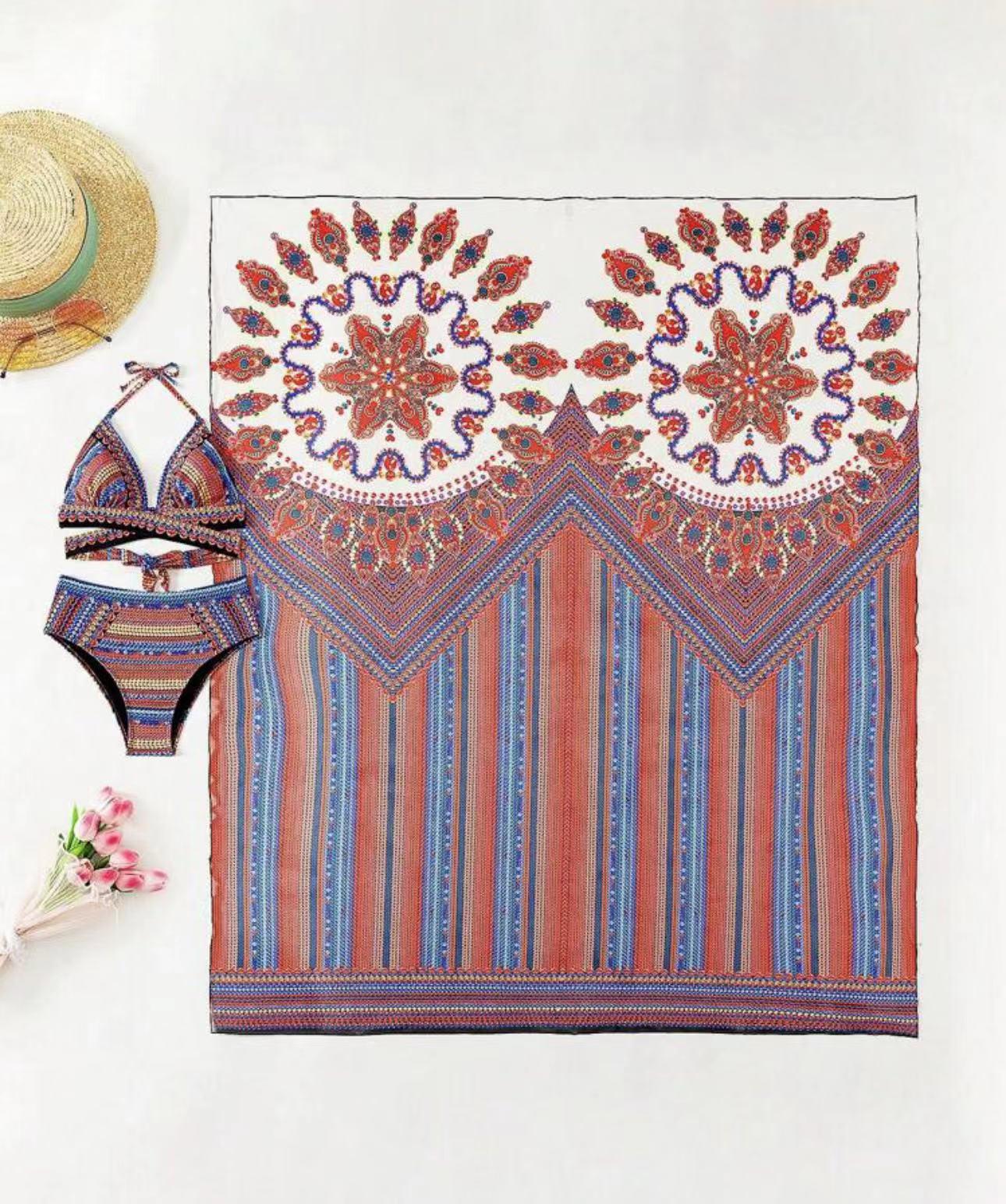 

Европейский и американский женский комплект бикини из 3 предметов с высокой талией и длинной рубашкой-накидкой M оранжево-красный