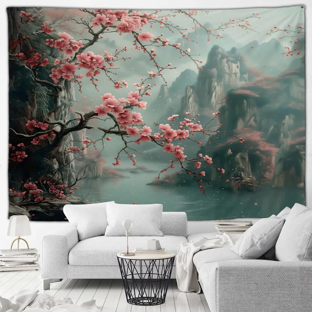 Cherry Blossom Mountain Wall Tapestry Japanese Art Print Boho Decor For Bedroom Living Room Zen Theme Home Interior Hanging