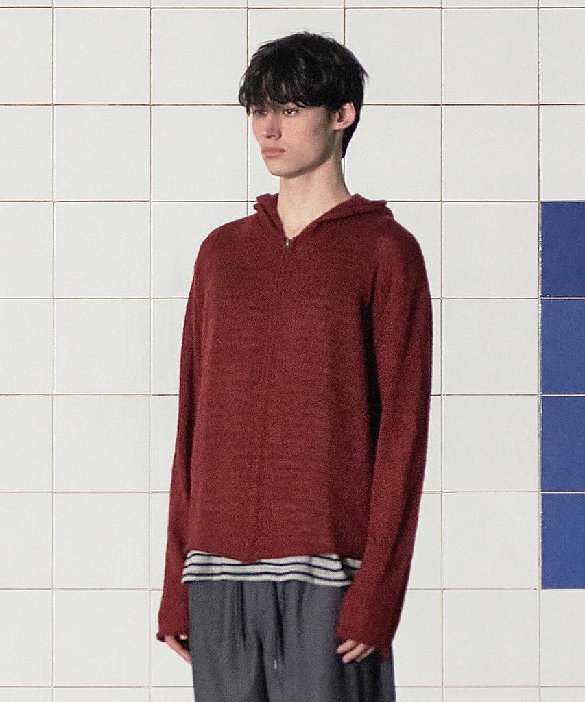 Unalloyed Argyle Elbow Knit Zip-Up Hoodie / Burgundy