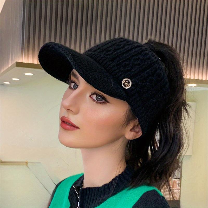 1pc Knitted Elastic Ponytail Baseball Cap, Autumn and Winter Warm Woolen Cap, Empty Top Cap, Outdoor Sports Cap, Warm Cap