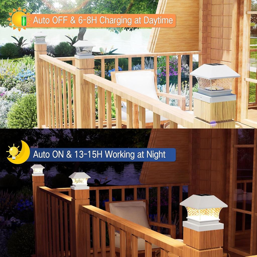 6 Pack Waterproof Solar Post Lights, Wooden PVC/Vinyl Fence Top Solar Lights, Fits 3.5x3.5 4x4 4.5x4.5 5x5, For Yard