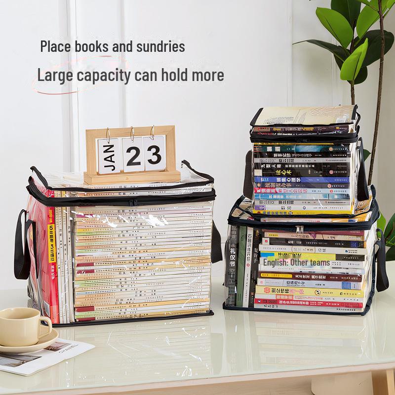 Transparent Cartoon Book Storage Bag with Cover: Dustproof, Portable, and Ideal for Student Books & Toys