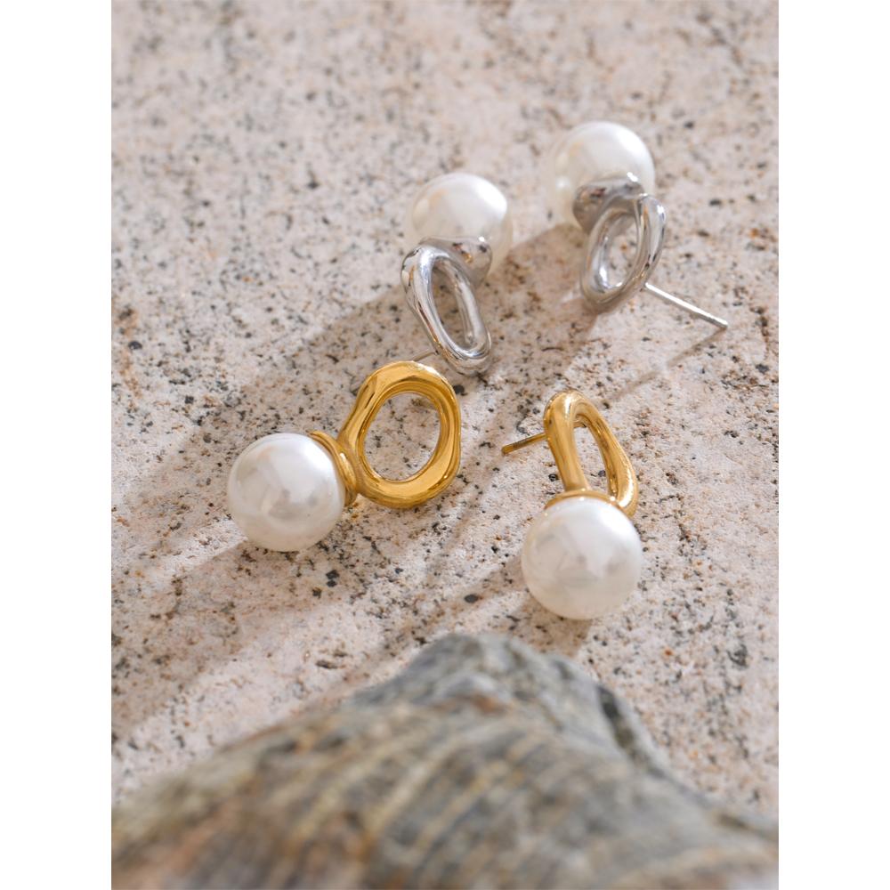 Eetit Korean Elegance Stainless Steel Simulated Pearls Geometric Stud Earrings for Women Korean Style Chic Daily Wear Jewelry