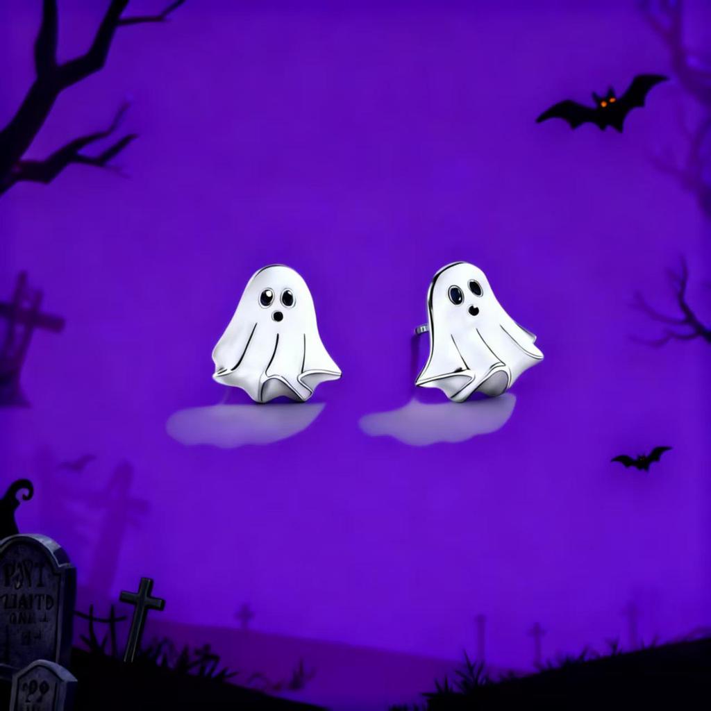 High-End S925 Silver Ghost Pumpkin Bat Halloween Earrings: Unique Minimalist Cartoon Studs for Women