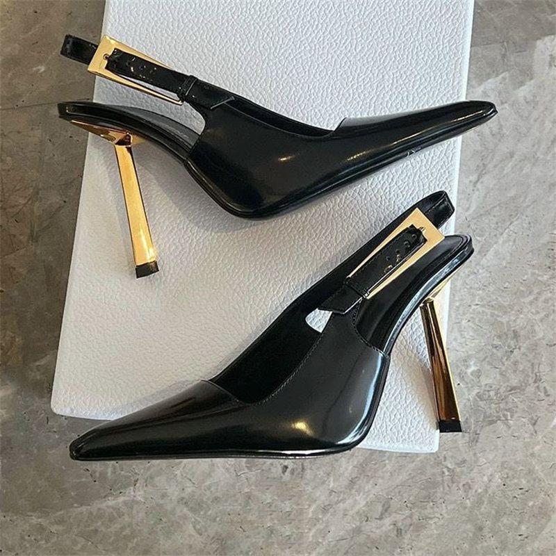 2025 new pointed head temperament high heels female royal sister style patent leather sexy gold fine heel high sense bag head single shoes