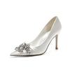 French Heels Women 2025 New White Rhinestone Wedding Bridal Shoes Hollow Design Elegant Mid Heel Court Shoes