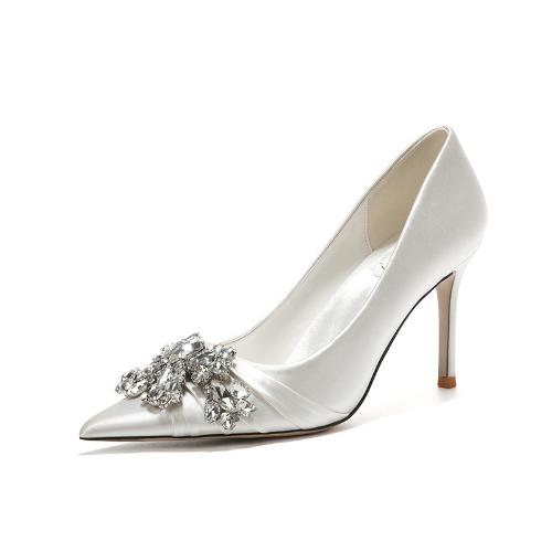 Fashion French Heels Women 2025 New White Rhinestone Wedding Bridal Shoes Hollow Design Elegant Mid Heel Court Shoes