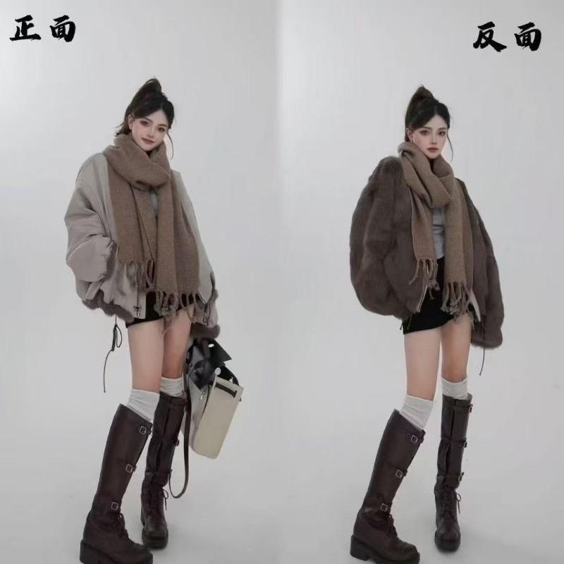 Women Stand Collar Short Workwear Faux Fur Lined Parka Jacket