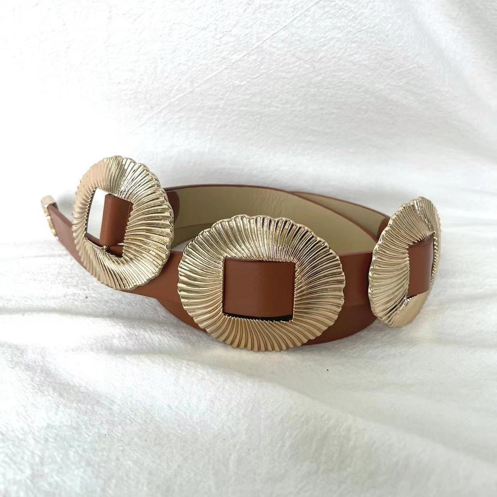 New European and American Retro Accessories Belt Three Buckles Women's Decorative PU Belt Shell Pattern Big Buckle